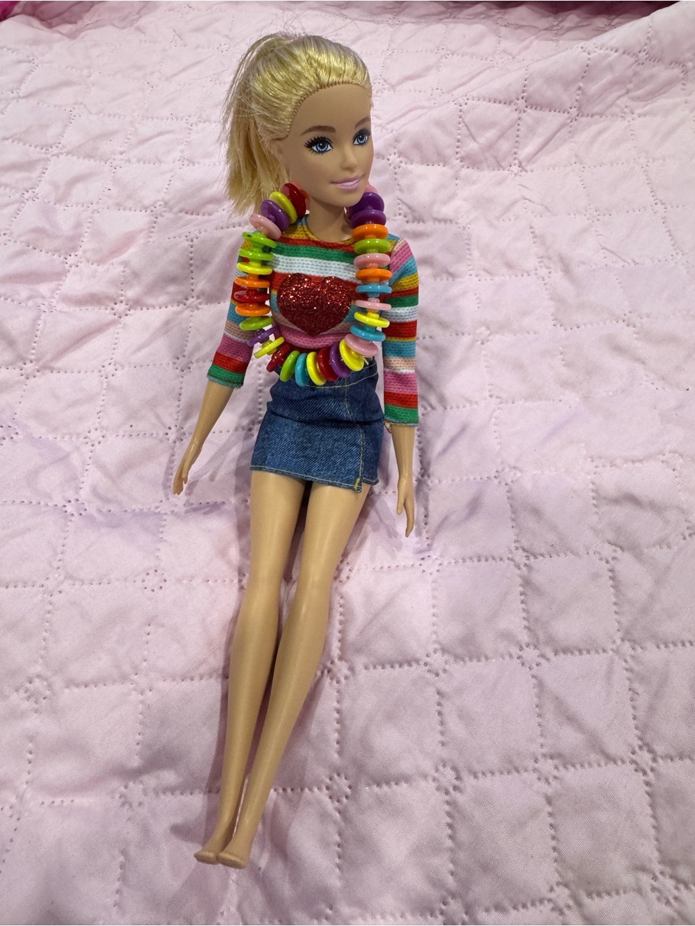 Barbie Rainbow Stripe Long Sleeve Top with Red Glitter Heart